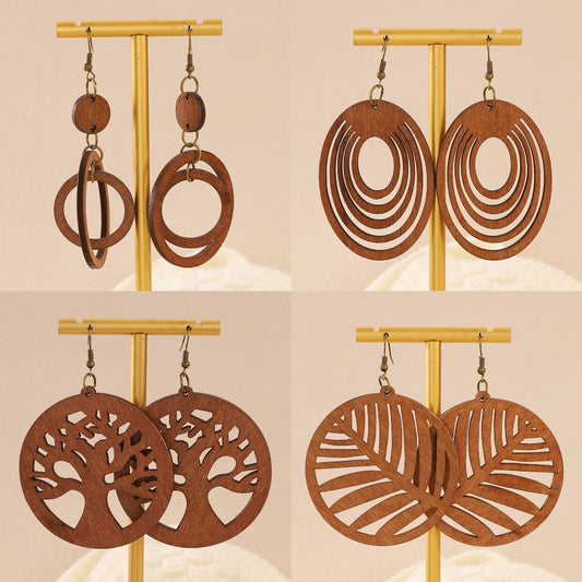 Wood Piece Hollow Lucky Tree Leaf Earrings