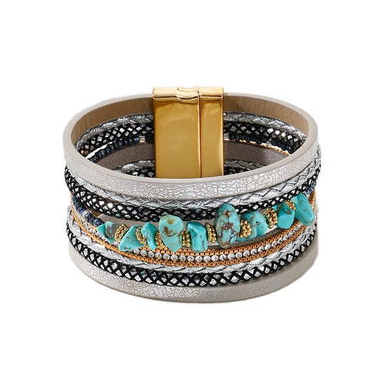 Women's Beads String Leather Creative Retro Magnetic Bracelet