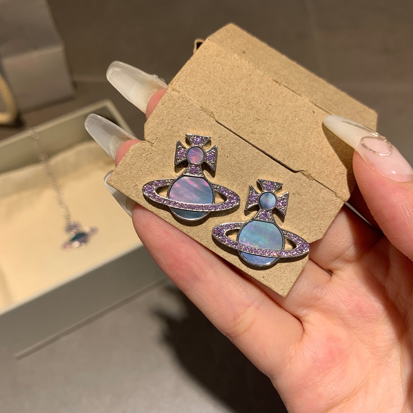 Fritillary Saturn Full Diamond Colorful Natural Shell Earrings