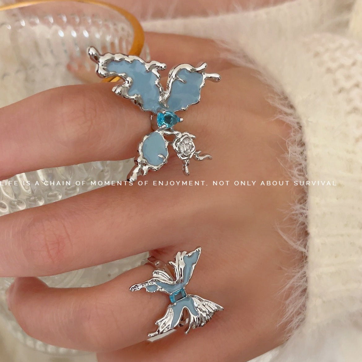 Women's Enamel Blue Butterfly Opening Cold Wind Affordable Ring