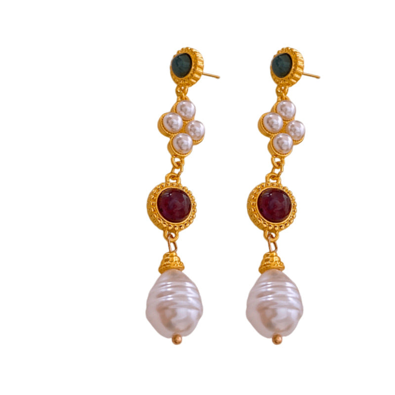 Sier Needle Artificial Pearl Tassel Vintage Court Style Earrings