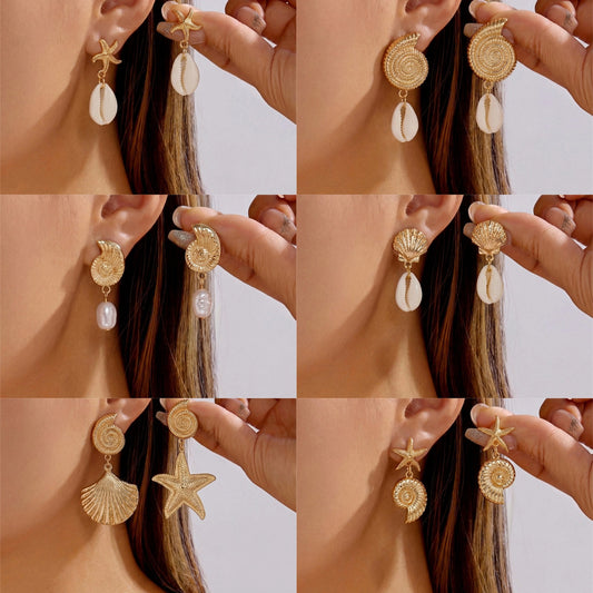 Beach Summer Seaside Starfish Conch Short Scallop Pearl Earrings