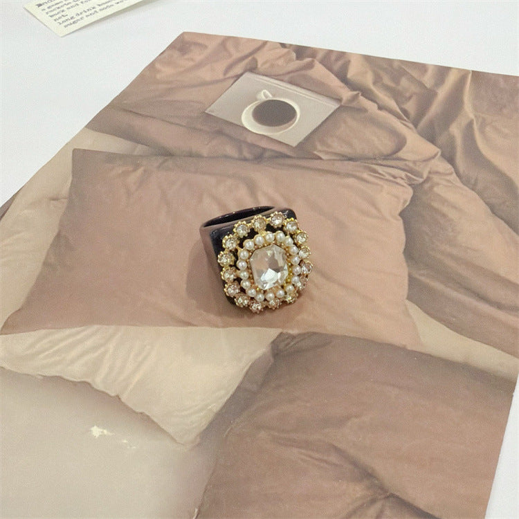 Style Black Square Alloy Love Three-dimensional Flower Ring