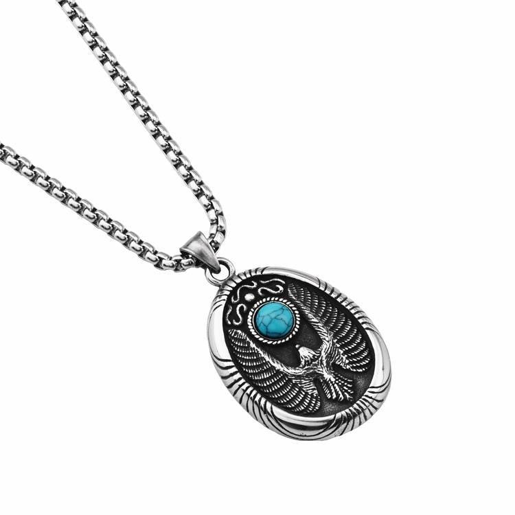 Women's & Men's Green Pine Flying Eagle Disc Hip Hop Titanium Steel Necklaces