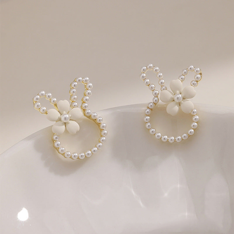 Sweet Style Bunny Ear Female Pearl Earrings