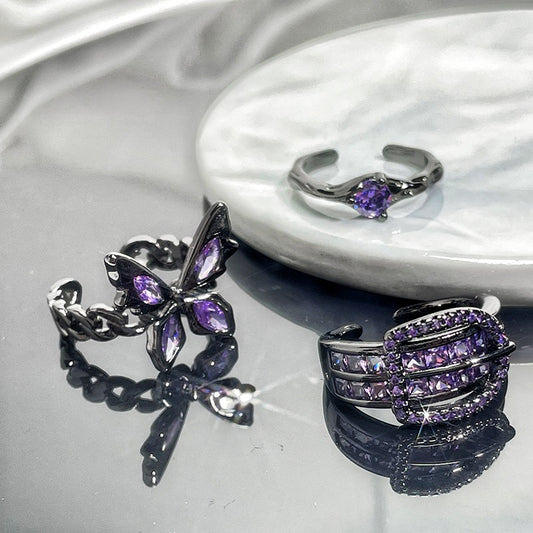 Buckle Purple Diamond Butterfly Opening Female Rings