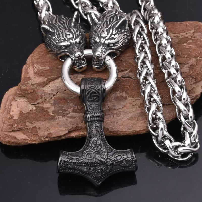 Men's Rune Hammer Wolf Head Punk Nordic Necklaces