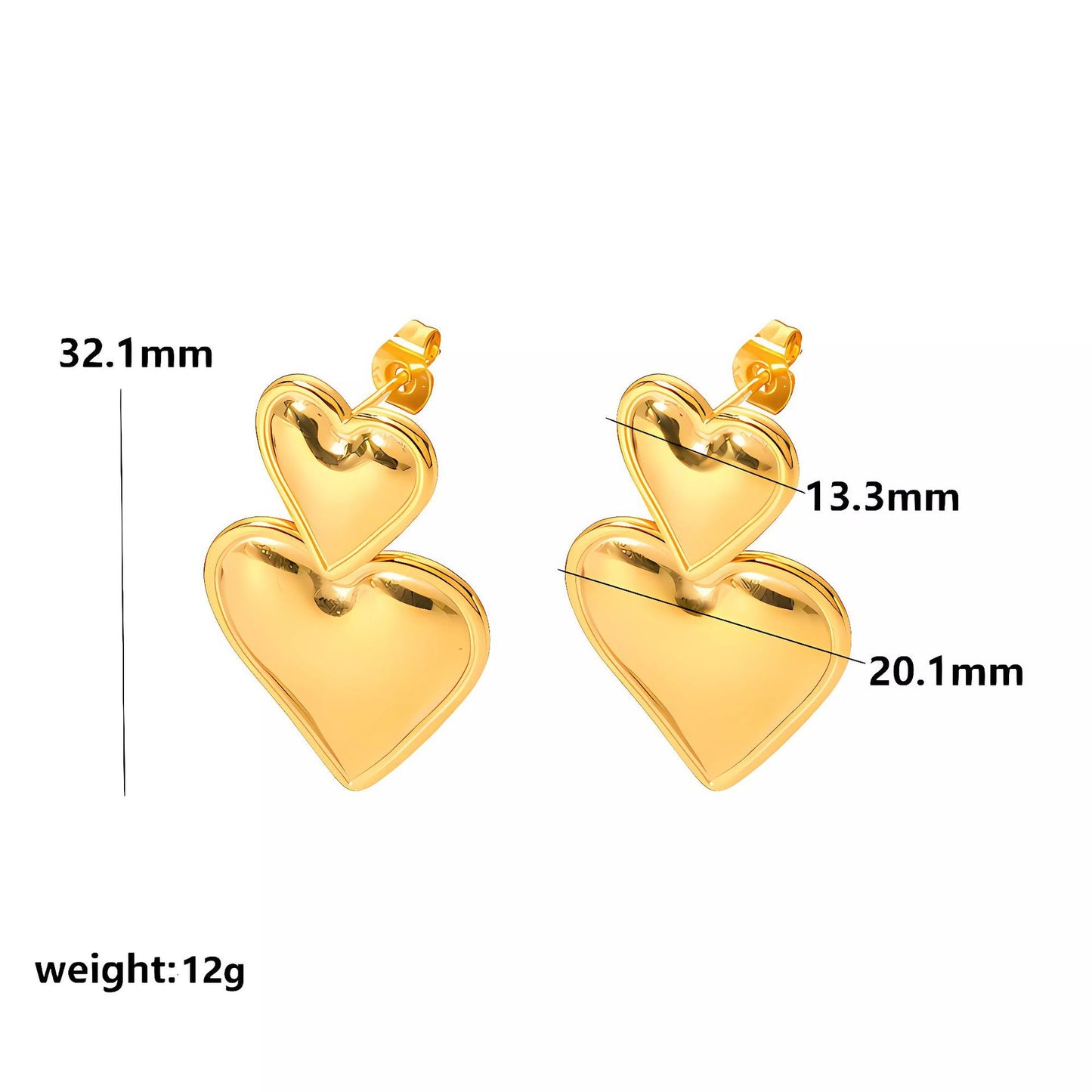 Gold Love Double Peach Heart Stainless Earrings