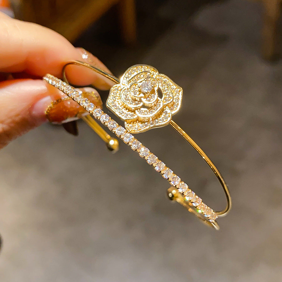 Cold Style Zircon Double Layer Flowers Openings Light Luxury High Bracelets