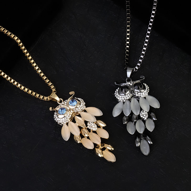 Creativity Design Diamond Long Sweater Chain Owl Necklace