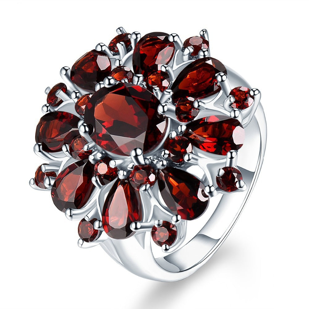 Women's Ornament European Pomegranate Red Zircon Flower Shape Personalized Rings