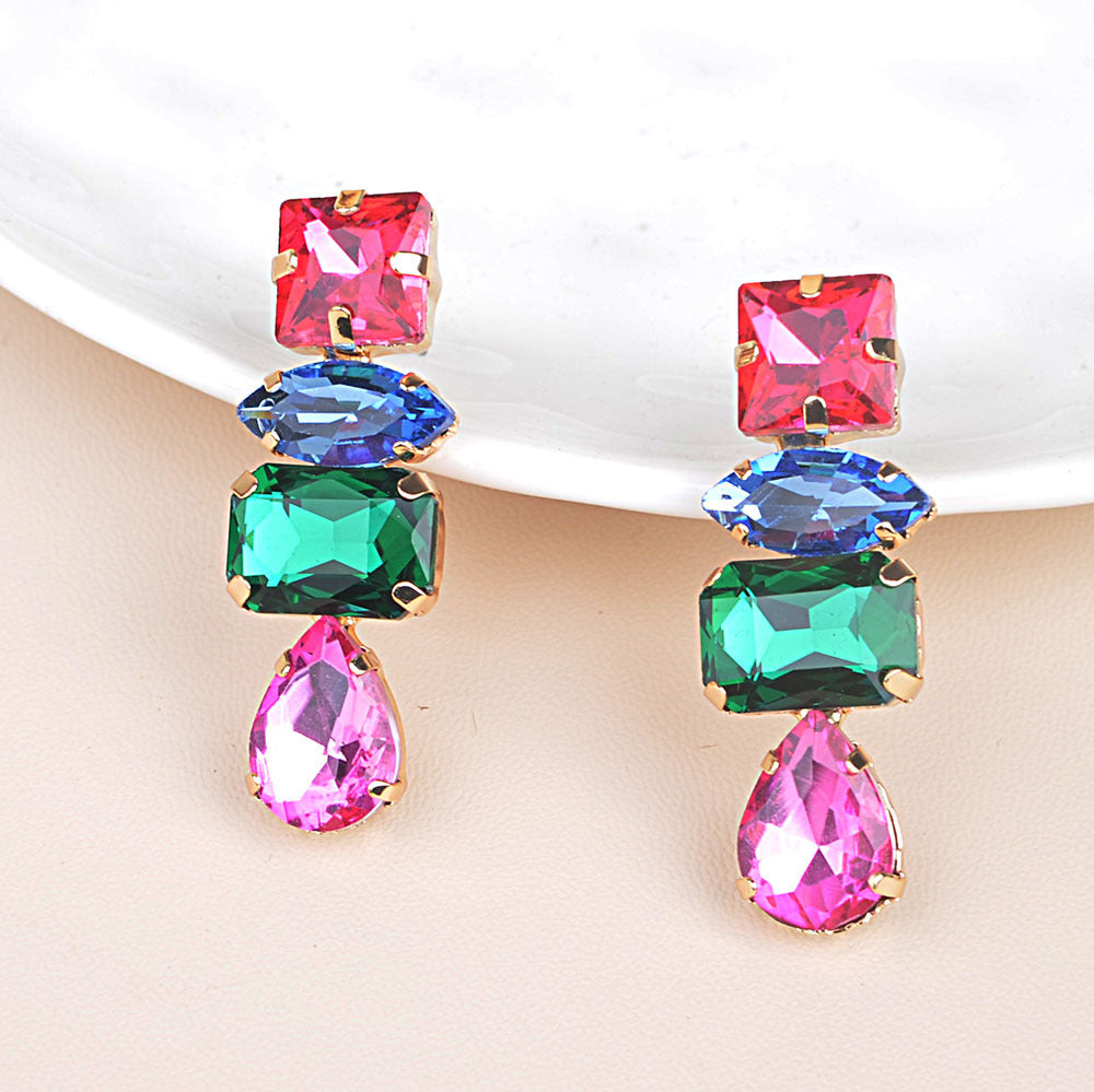 Flash Square Glass Drill Gemstone Emerald Earrings