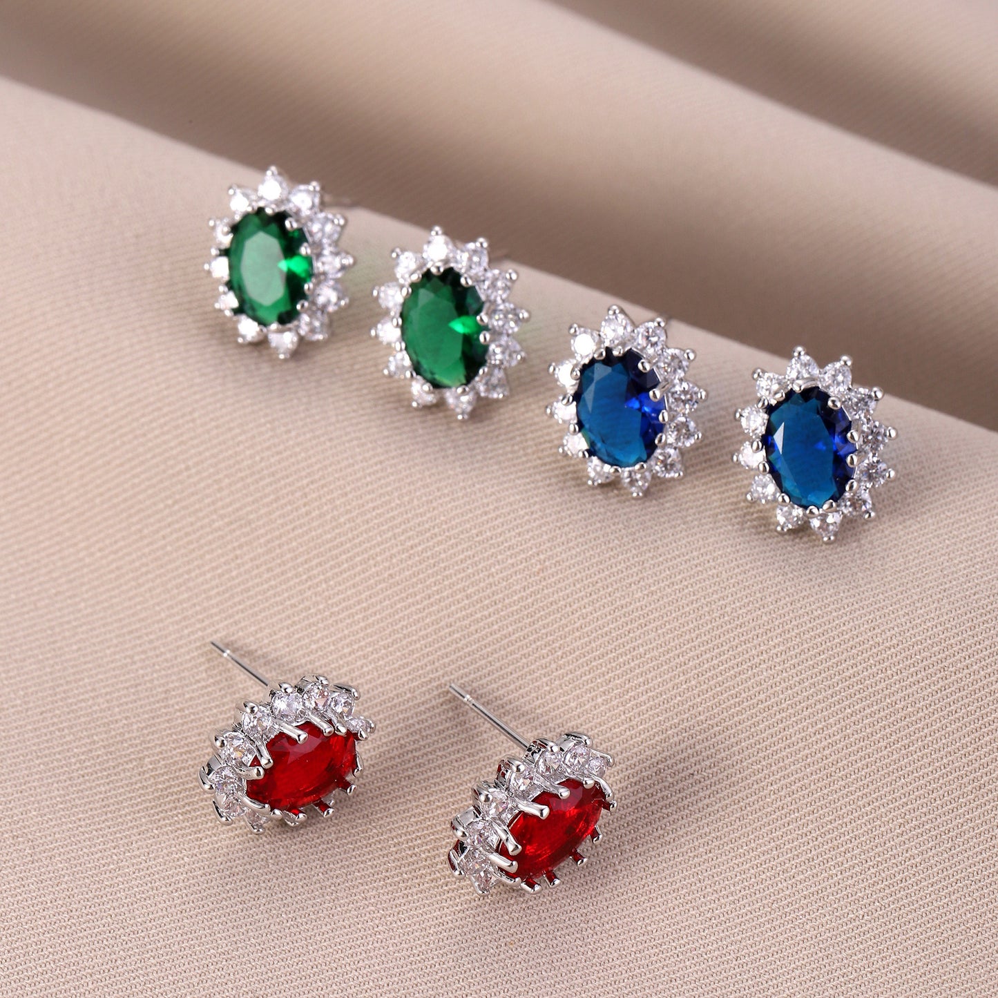 Copper Inlaid Zircon Elegant Ruby Emerald Oval Sun Rings