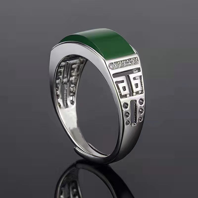 Men's Domineering Green Chalcedony Jade Inlaid Spinach Rings