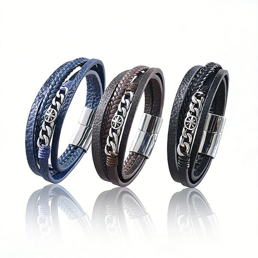 Men's Stainless Steel Chain Cross Woven Leather Bracelets