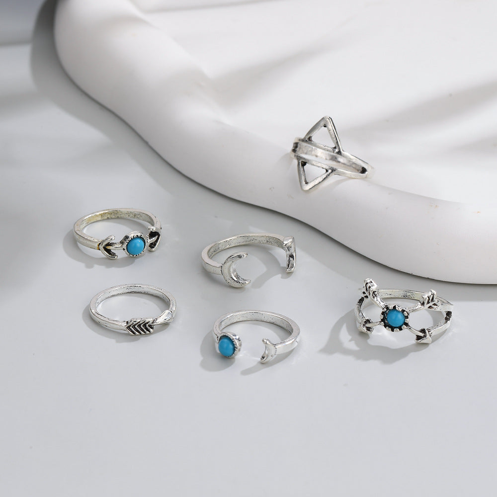 Retro Turquoise Moon Arrow Triangle Hollow Open-end Rings