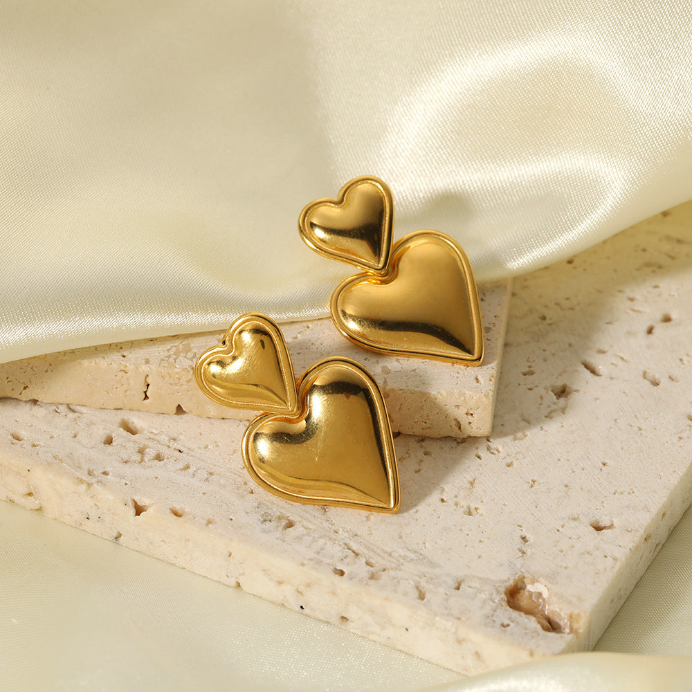 Gold Love Double Peach Heart Stainless Earrings