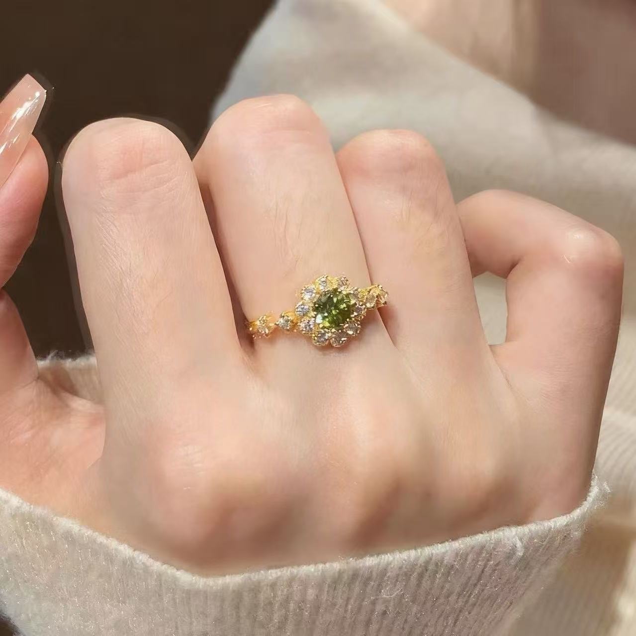 Green Adjustable Female Light Luxury Minority Elegant Simple Ring
