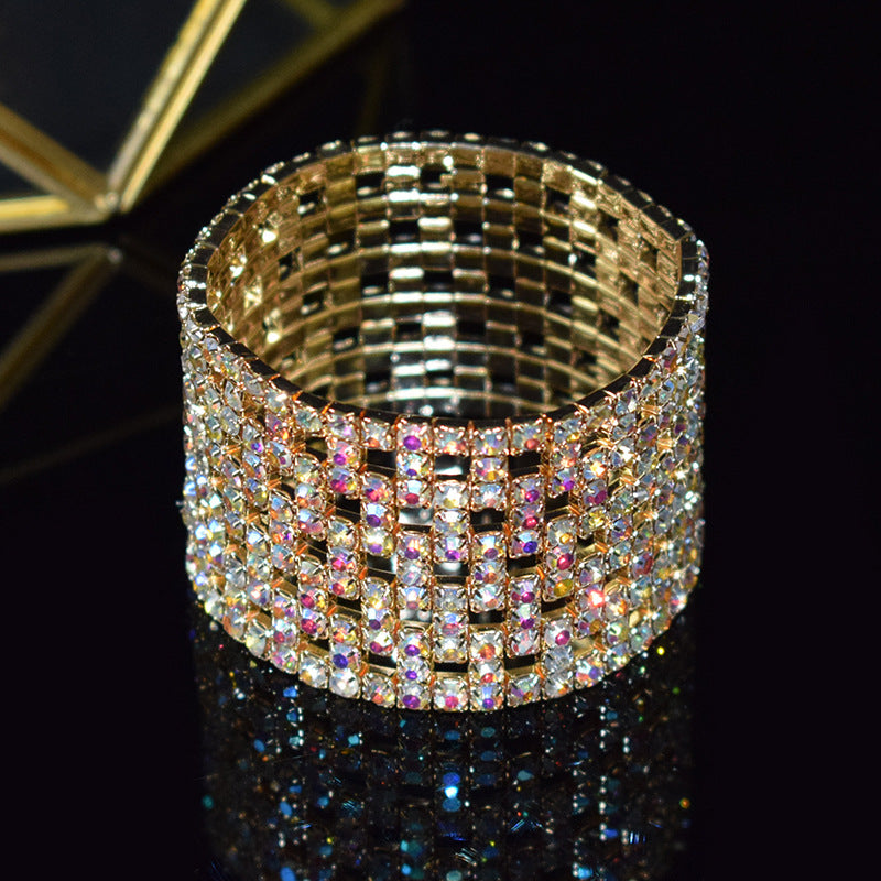 Elastic Hollow Rubber Band Full Rhinestone Exaggerated Wide Bangle Bracelets
