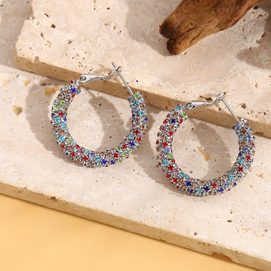 Women's Circle Rhinestone Sier Needle Popular Summer Earrings