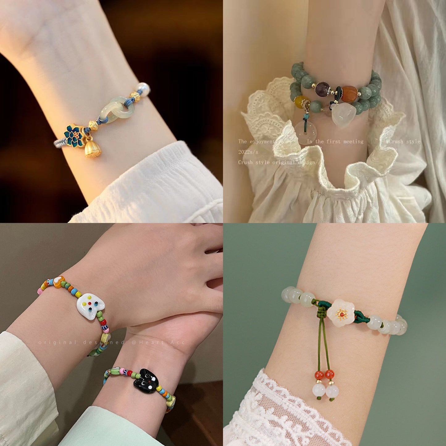 Women's Buckle Imitation Jade Crystal String Beads Flower Bracelets