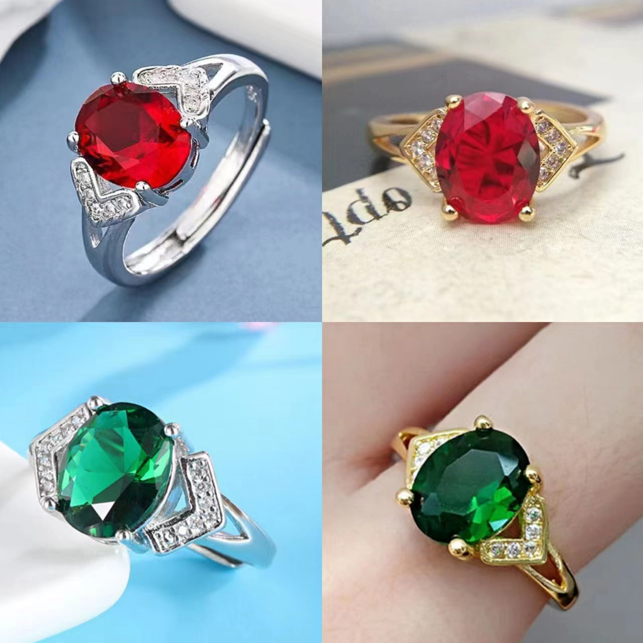 Korean Style Emerald Female Open Garnet Rings