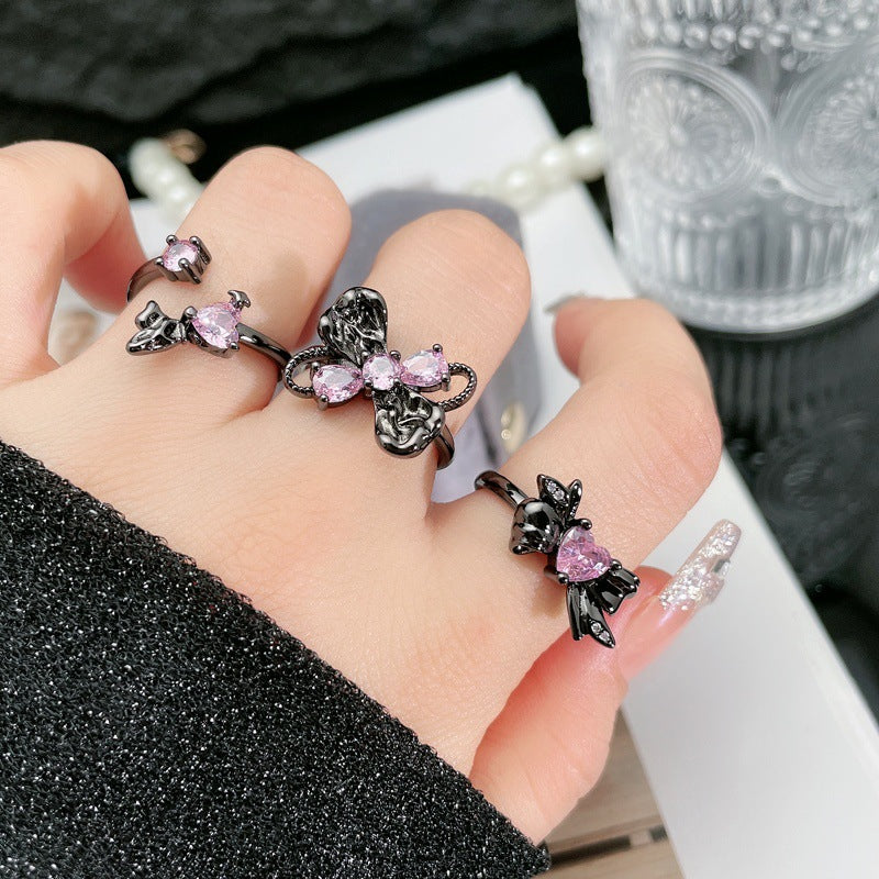 Dark Style Pink Diamond Love Heart Rings
