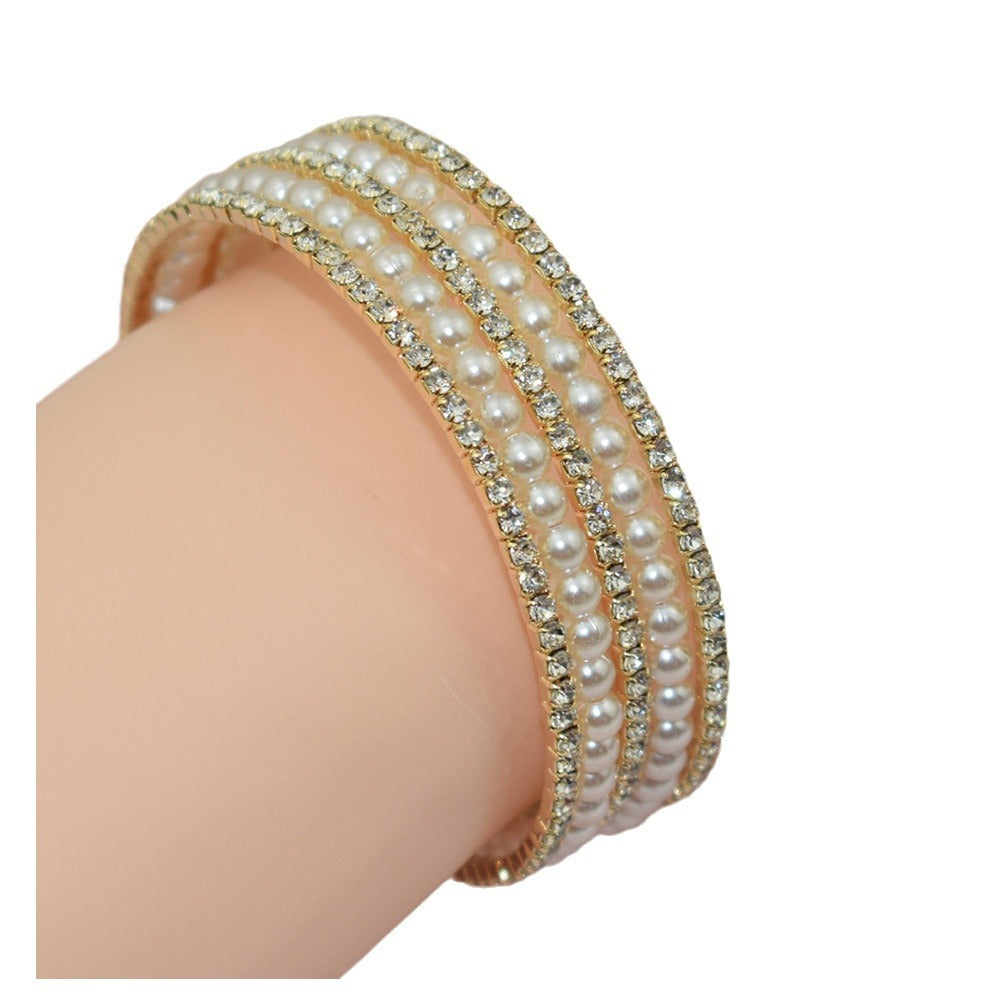 Fashion Shiny Rhinestone Pearl Row Brace Bracelet