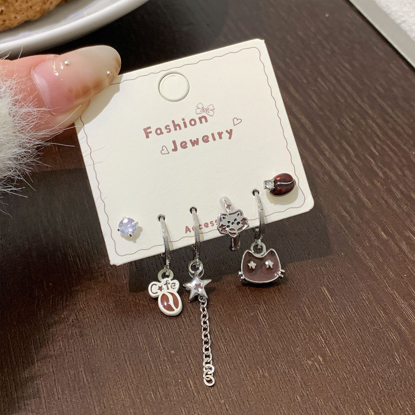 Sier Coffee Bear Ear Female Needle Fun Stud Earrings