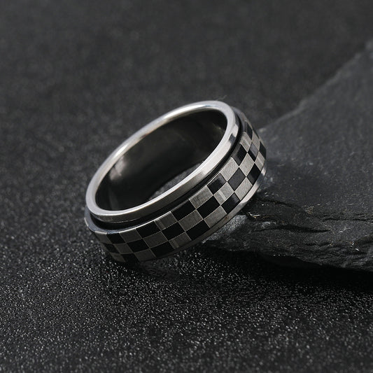 Steel Classic Black White Chessboard Lattice Rings