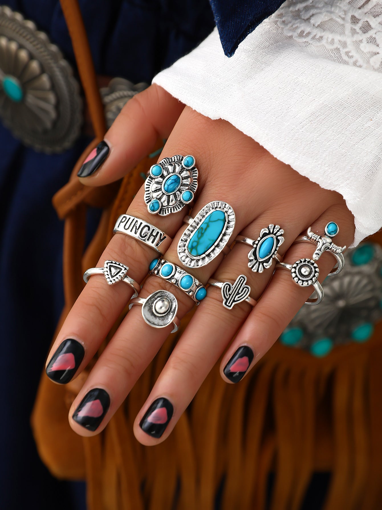 Vintage Boho Turquoise Cactus Carved Multiple Rings