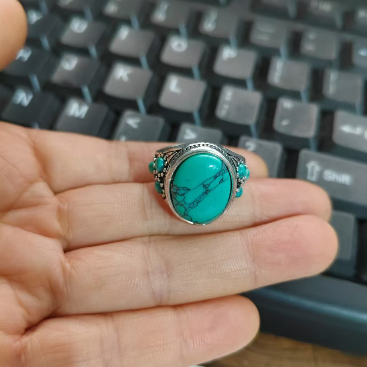Unisex Imitation Turquoise Open Adjustable Ornament Rings