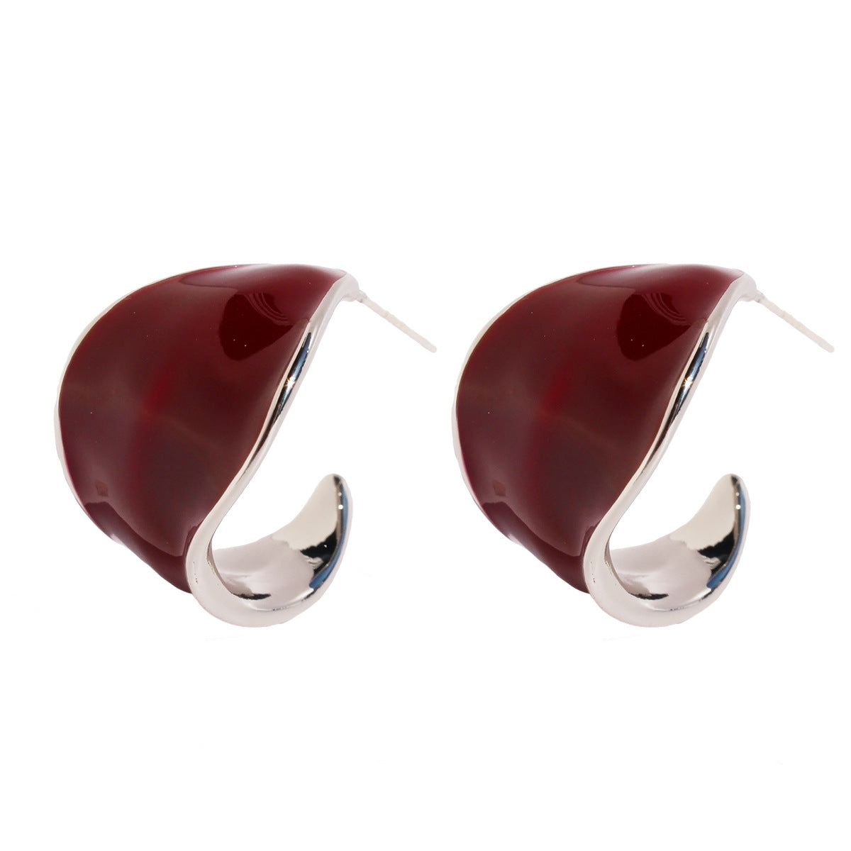 Red Enamel Curly Leaf-shaped Wine Wide Shaped Earrings