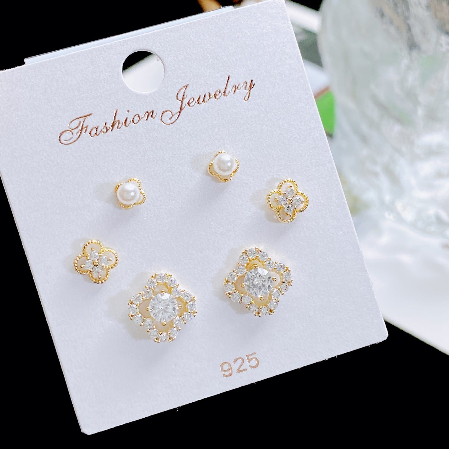 Women's Rhinestone Pearl Three Pairs Storage Ear Earrings