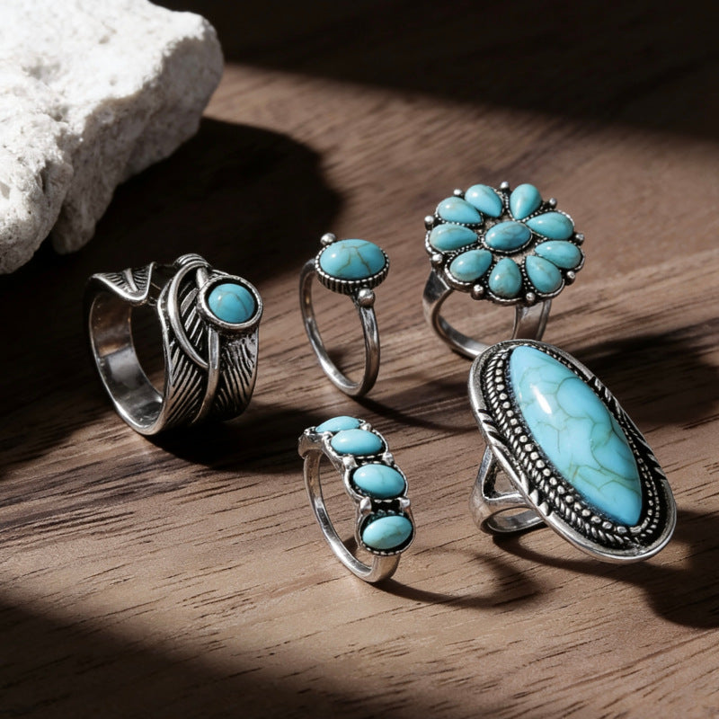 Retro Ethnic Feather Carved Turquoise Female Bohemian Rings