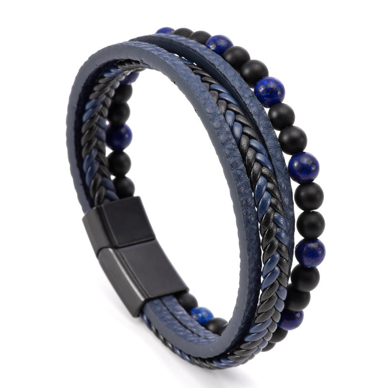 Men's Leather Woven Tigereye Magnet Beaded Titanium Bracelets