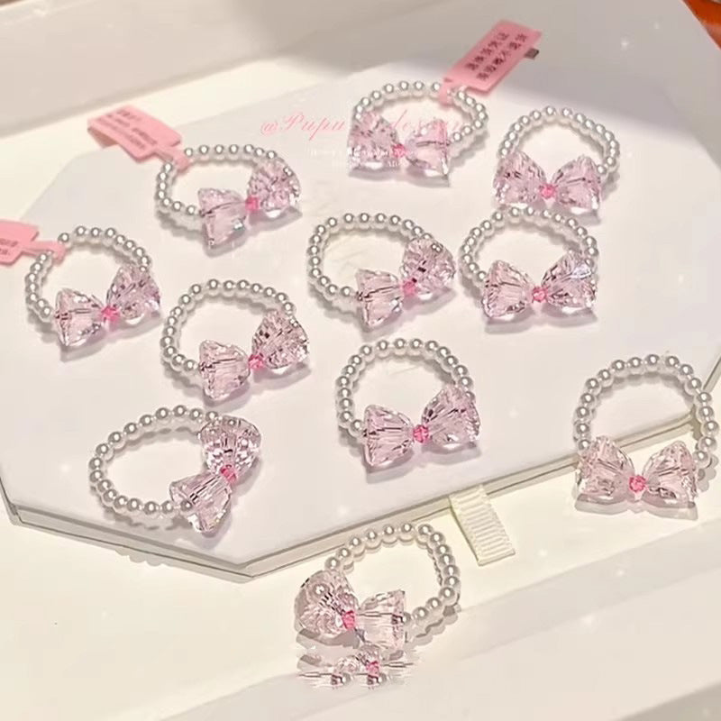 Stringed Pearls Pink Bow Sweet Cute High Sense Index Ring