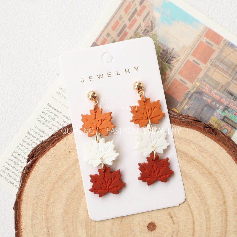 Hand Painted Acrylic Cat Maple Leaf Earrings