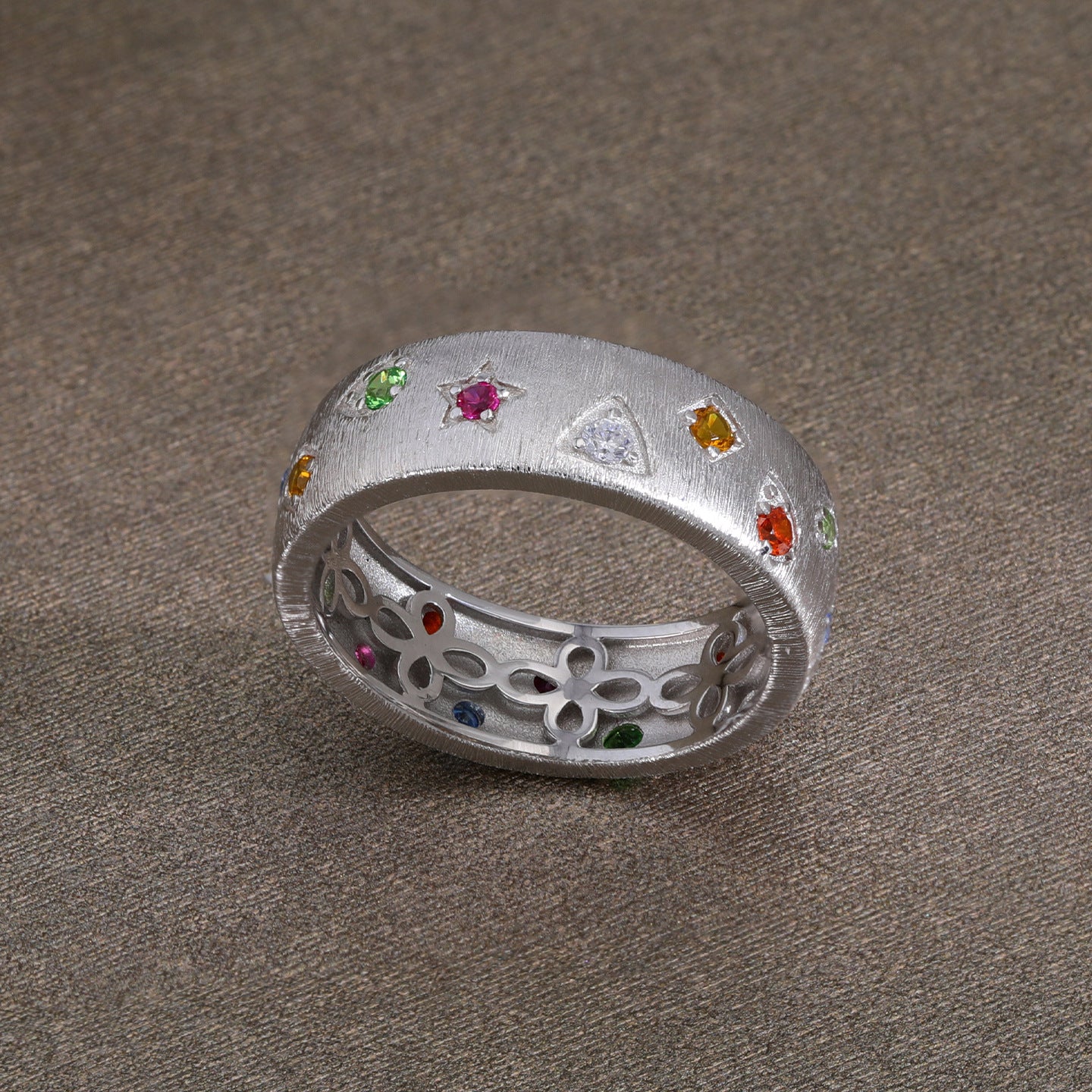 Women's Geometric Color Zircon Brushed Sterling Sier Rings