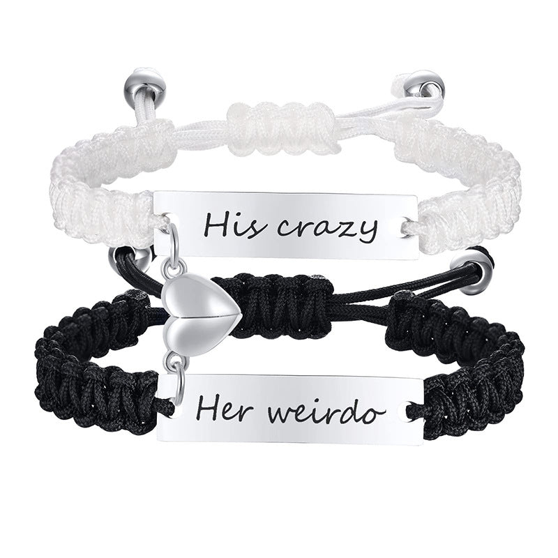 Black White Weaving Rope Woven Heart-shaped Magnetic Bracelets