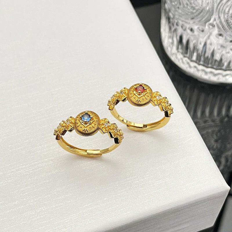 Women's Retro Atmosphere Lace Single Rhinestone Adjustable Brushed Pattern Antique Rings