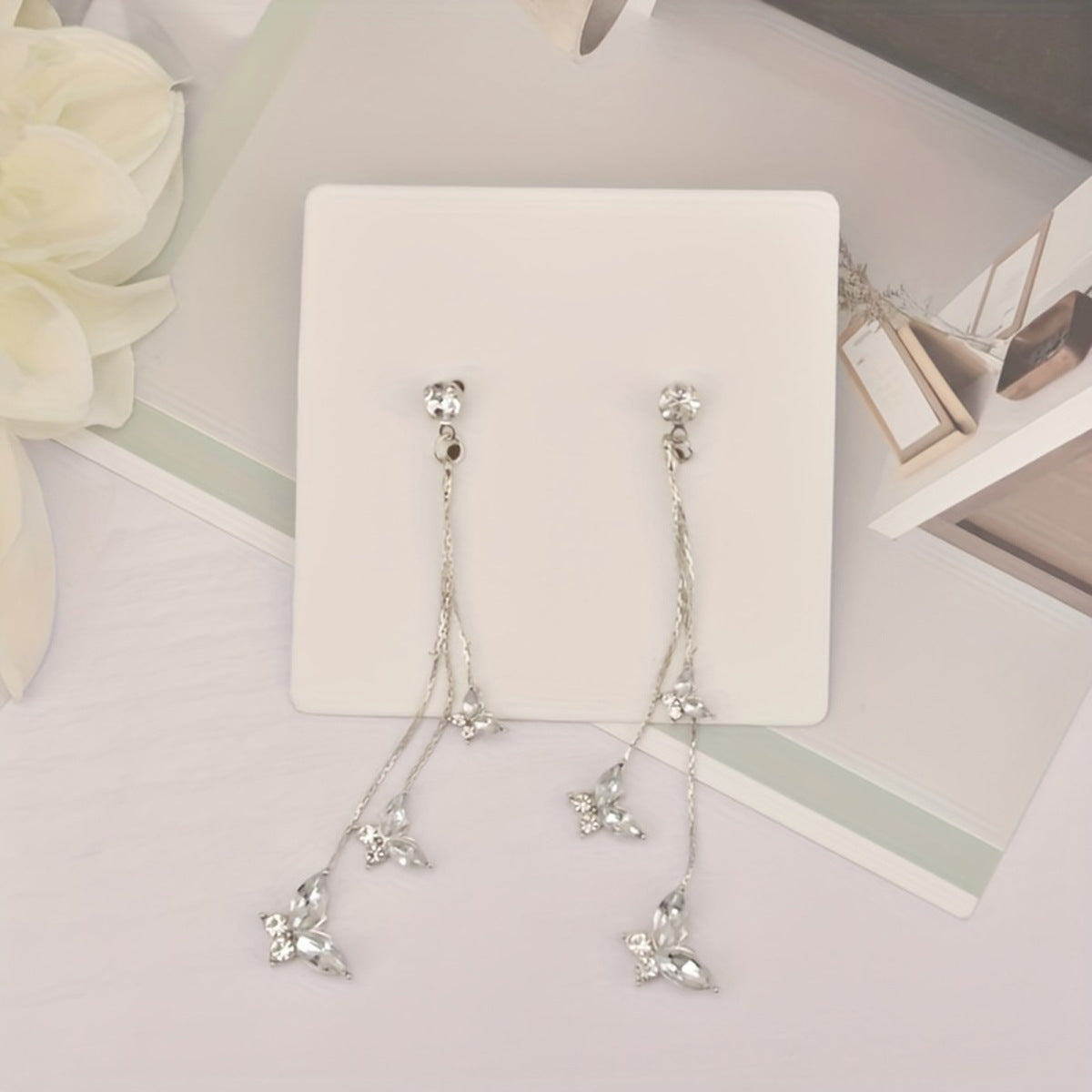 Sier Needle Crystal Butterfly Elegant Long Fringe Female Earrings