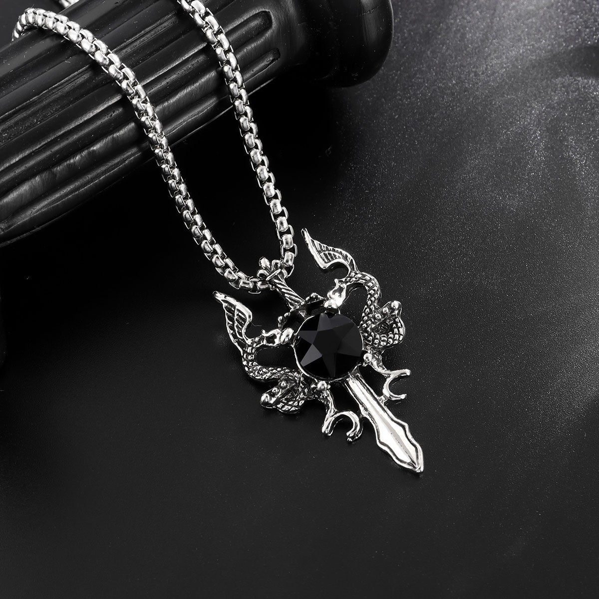Men's Inlaid Double Dragon Sword Boys Necklace