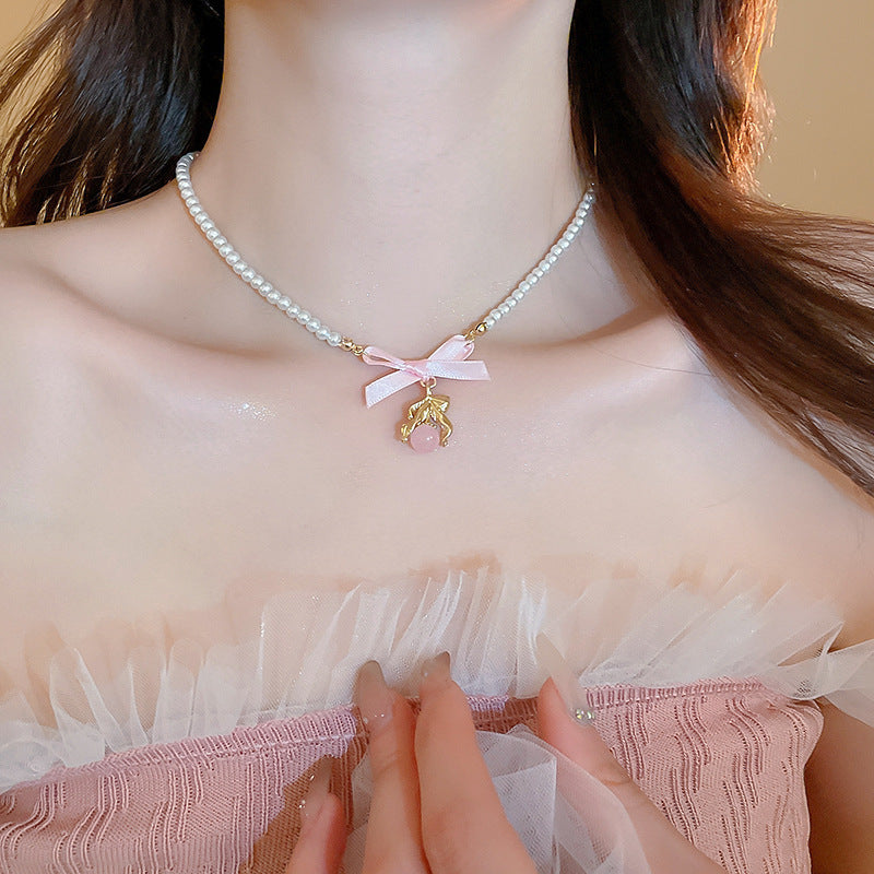 Heart Bow Pearl Korean Artsy Temperament Necklaces