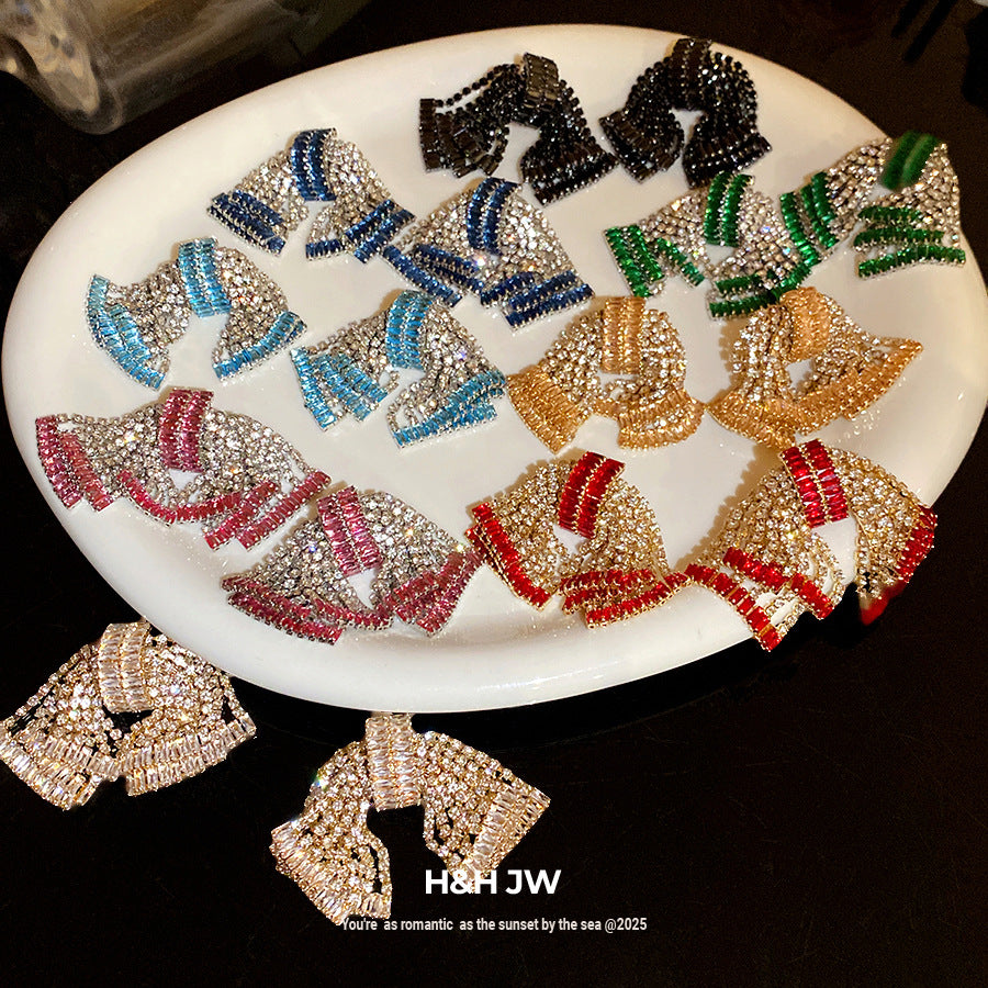 Exaggerated Sier Zircon Bow Fashion Delicate Light Luxury Earrings