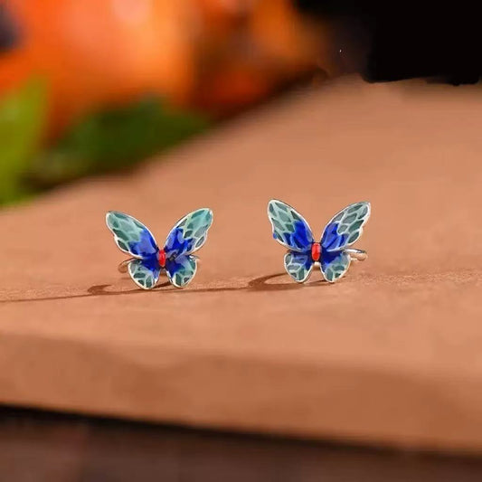 Chinese Cloisonne Enamel Butterfly Female Retro Ethnic Design Gifts Rings