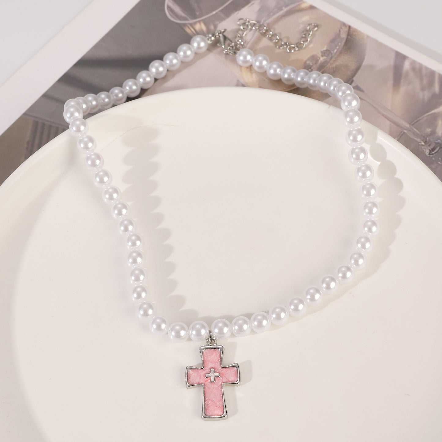 Gothic Retro Pink Cross Cat Stringed Pearls Necklaces