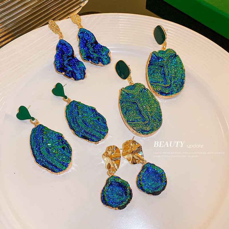 Women's Needle Blue Color Pleated Geometric For Irregular Heart Exaggerated Personalized Earrings