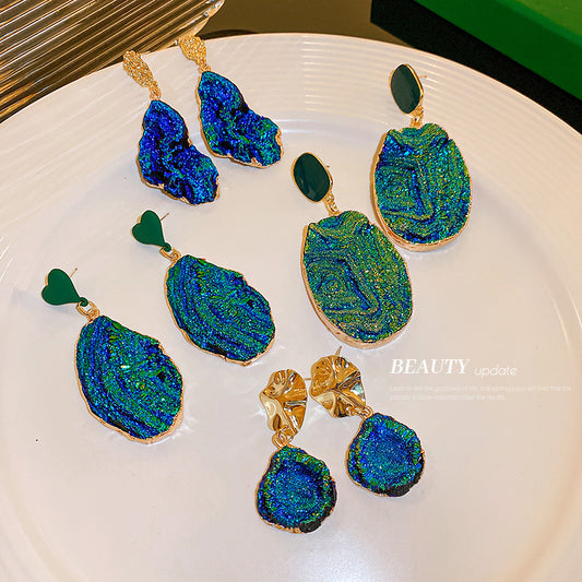 Women's Needle Blue Color Pleated Geometric For Irregular Heart Exaggerated Personalized Earrings