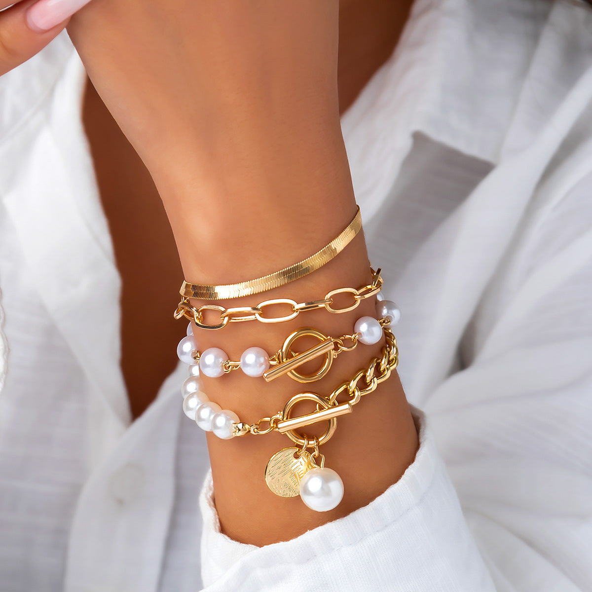 Cool Imitation Pearl Suit Personality Cross Bracelets